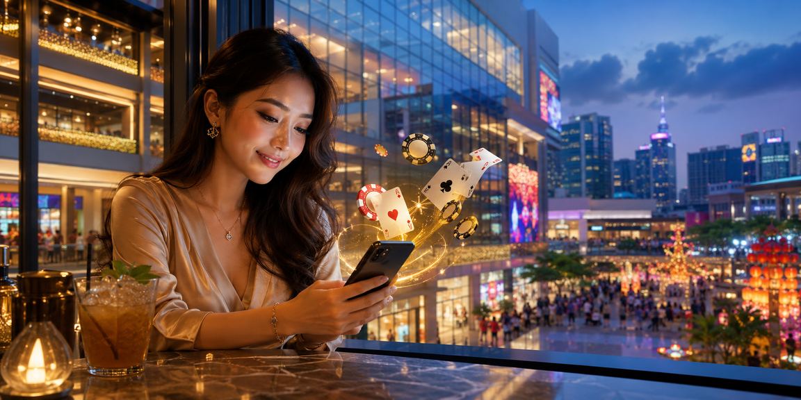 Permainan poker dalam talian 8bitdo dengan suasana malam bandar Johor Bahru